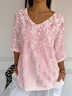 Women Floral Three Quarter Sleeve Tee T-shirt V Neck Printing Casual Spring/Fall Graphic Tee Top