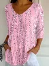 Women Abstract Three Quarter Sleeve Tee T-shirt V Neck Printing Casual Spring/Fall Graphic Tee Top