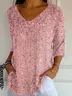 Women Abstract Three Quarter Sleeve Tee T-shirt V Neck Printing Casual Spring/Fall Graphic Tee Top