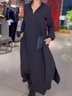 Women Plain Long Sleeve Spring/Fall Split Joint Dress V Neck Daily Vintage Maxi Shirt Dress A-Line Dress