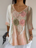 Women Floral Three Quarter Sleeve Tee T-shirt V Neck Printing Casual Spring/Fall Graphic Tee Top
