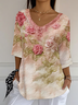 Women Floral Three Quarter Sleeve Tee T-shirt V Neck Printing Casual Spring/Fall Graphic Tee Top