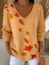 Women Maple Leaf Long Sleeve Tee T-shirt V Neck Printing Casual Spring/Fall Top