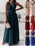 Women Plain Sleeveless Summer Split Joint Dress V Neck Daily Vintage Maxi Tank A-Line Dress