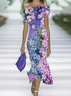 Women Floral Cap Sleeve Summer Printing Dress Cold Shoulder Daily Vintage Maxi H-Line Dress