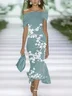 Women Floral Cap Sleeve Summer Printing Dress Cold Shoulder Daily Vintage Maxi H-Line Dress
