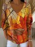 Women Painting Spring/Fall Casual Long Sleeve V Neck Cotton Sweater