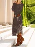 Women Floral Long Sleeve Spring/Fall Dress Crew Neck Daily Casual Midi T-Shirt Dress A-Line Dress