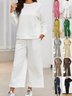 Women Plain Split Joint Two-Piece Set Daily Long Sleeve Casual Spring/Fall Top With Pants Matching Set