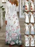 Women Floral Long Sleeve Spring/Fall Printing Dress V Neck Daily Vintage Maxi T-Shirt Dress A-Line Dress