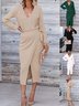 Women Plain Long Sleeve Spring/Fall Split Joint Dress V Neck Daily Vintage Maxi Tank A-Line Dress
