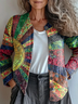 Women Abstract Printing Long Sleeve Crew Neck Vintage Spring/Fall Cardigan Outerwear