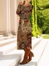 Women Floral Long Sleeve Spring/Fall Dress Crew Neck Daily Casual Midi T-Shirt Dress A-Line Dress