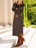 Women Floral Long Sleeve Spring/Fall Dress Crew Neck Daily Casual Midi T-Shirt Dress A-Line Dress