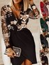 Women Floral Long Sleeve Spring/Fall Split Joint Dress V Neck Daily Casual Mini Hip Skirt A-Line Dress