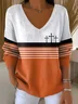 Women Multicolor Block Long Sleeve Tee T-shirt V Neck Printing Casual Spring/Fall Top