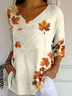 Women Maple Leaf Three Quarter Sleeve Tee T-shirt V Neck Printing Casual Spring/Fall Graphic Tee Top