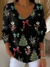 Women Christmas Long Sleeve Tee T-shirt V Neck Printing Casual Spring/Fall Top