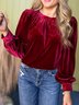 Women Plain Long Sleeve Shirt Spring/Fall Gathered Crew Neck Puff Sleeve Daily Casual Top
