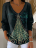 Women Christmas Long Sleeve Tee T-shirt V Neck Printing Casual Spring/Fall Top