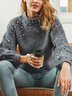 Women Plain Beaded Winter Street Balloon Sleeve Long Sleeve Mock Neck Cotton-Blend Sweater