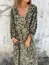 Women Floral Long Sleeve Spring/Fall Printing Dress V Neck Balloon Sleeve Daily Vintage Maxi T-Shirt Dress A-Line Dress