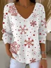 Women Christmas Long Sleeve Tee T-shirt V Neck Printing Casual Spring/Fall Top