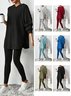 Women Plain Embossed Two-Piece Set Daily Long Sleeve Casual Spring/Fall Top With Pants Matching Set