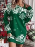 Women Christmas Long Sleeve Spring/Fall Printing Dress Cold Shoulder Daily Vintage Mini Hip Skirt A-Line Dress