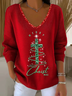 Women Christmas Long Sleeve Tee T-shirt V Neck Printing Casual Spring/Fall Top