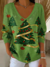Women Christmas Long Sleeve Tee T-shirt V Neck Printing Casual Spring/Fall Top