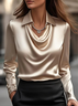 Women Plain Long Sleeve Shirt Spring/Fall Cowl Neck Daily Elegant Top