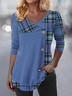 Women Plaid Long Sleeve Tee T-shirt V Neck Printing Casual Spring/Fall Top