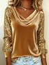 Women Plain Long Sleeve Tee T-shirt Cowl Neck Split Joint Vintage Spring/Fall Top