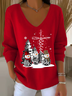 Women Christmas Snowman Long Sleeve Tee T-shirt V Neck Printing Casual Spring/Fall Top