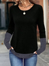 Women Contrast Stitching Long Sleeve Tee T-shirt Crew Neck Casual Spring/Fall Tunic Top