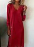 Women Plain Long Sleeve Spring/Fall Split Joint Dress V Neck Daily Casual Maxi T-Shirt Dress A-Line Dress