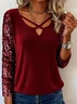 Women Plain Long Sleeve Tee T-shirt V Neck Split Joint Vintage Spring/Fall Top