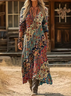 Women Abstract Long Sleeve Spring/Fall Printing Dress V Neck Daily Vintage Maxi H-Line Dress